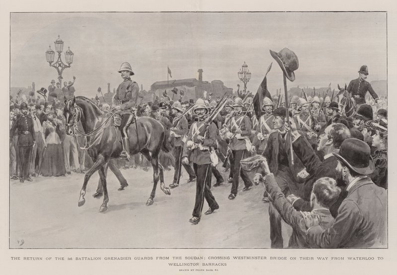 The Return of the 1st Battalion Grenadier Guards from the Sudan, crossing Westminster Bridge on their Way from Waterloo to Wellington Barracks by Frank Dadd