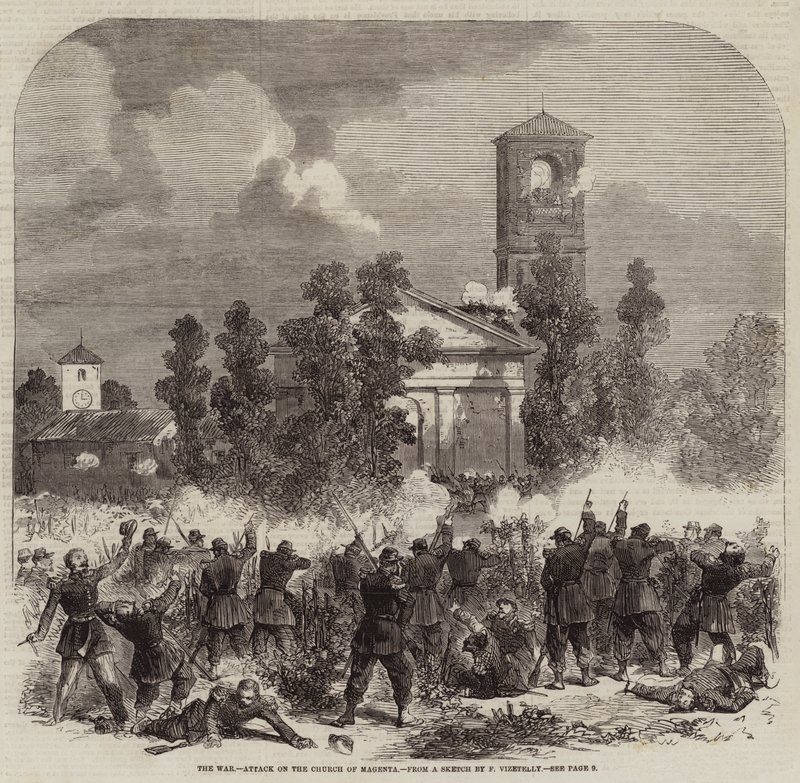 The War, Attack on the Church of Magenta by Frank Vizetelly