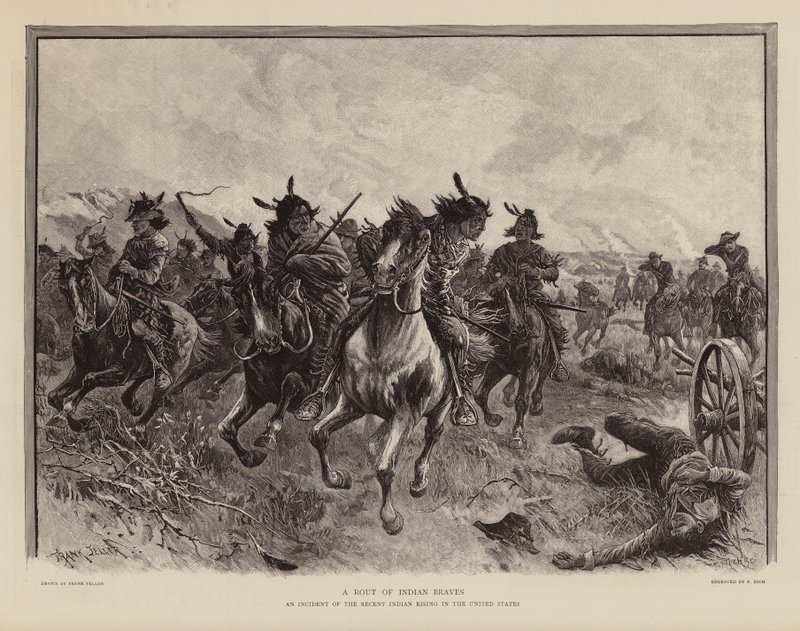 A rout of braves during a Native American uprising by Frank (after) Feller