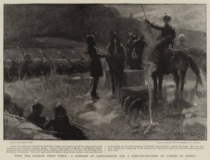 With the Kurram Field Force, a Rampart of Pack-Saddles and a Chevaux-de-Frise of Lances at Hangu by Frank Craig