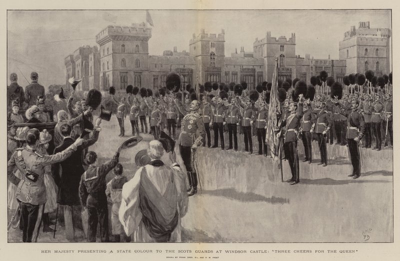 Her Majesty presenting a State Colour to the Scots Guards at Windsor Castle, Three Cheers for the Queen by Frank Dadd