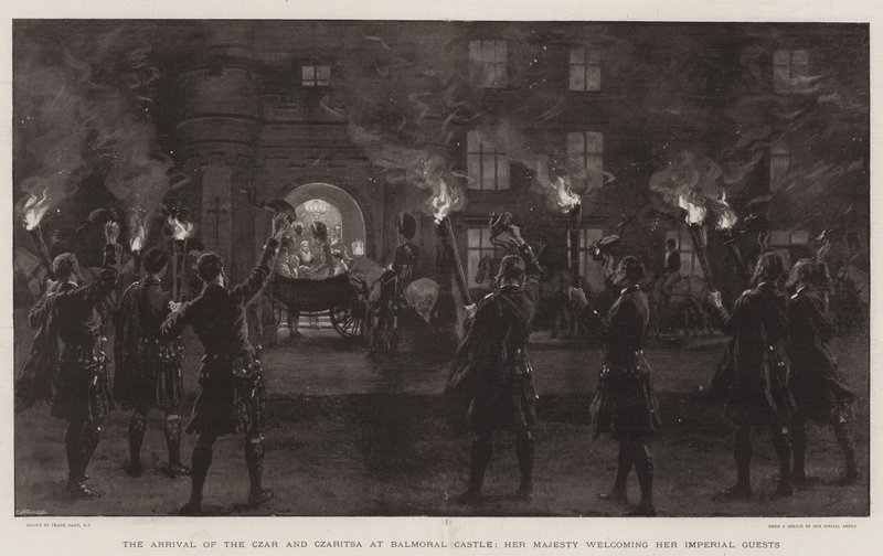 The Arrival of the Czar and Czaritsa at Balmoral Castle, Her Majesty welcoming her Imperial Guests by Frank Dadd