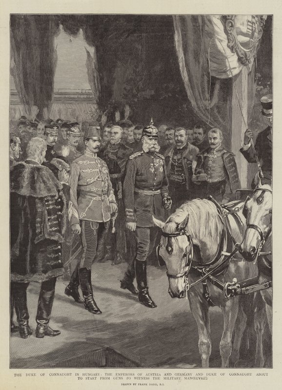 The Duke of Connaught in Hungary, the Emperors of Austria and Germany and Duke of Connaught about to start from Guns to Witness the Military Manoeuvres by Frank Dadd