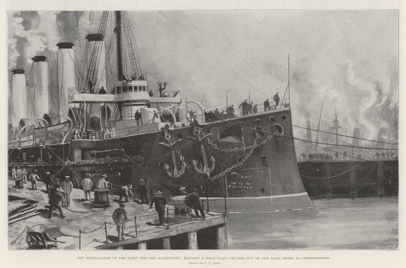 The Mobilisation of the Fleet for the Manoeuvres, hauling a First-Class Cruiser out of the Basin Prior to commissioning by Fred T. Jane
