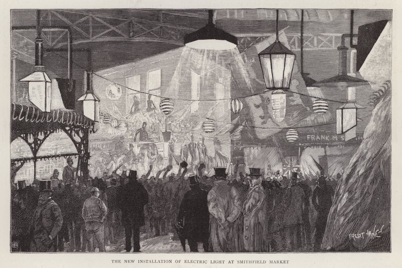 New installation of electric light at Smithfield Market, London by Fred T. Jane