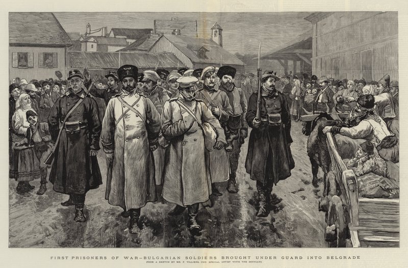 First Prisoners of War, Bulgarian Soldiers brought under Guard into Belgrade by Frederic Villiers