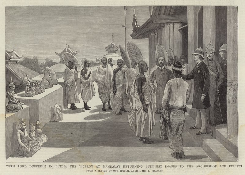 With Lord Dufferin in Burma, the Viceroy at Mandalay returning Buddhist Images to the Archbishop and Priests by Frederic Villiers