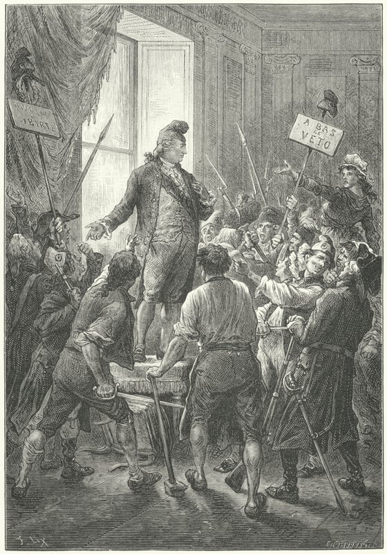 Louis XVI of France forced to don a Phrygian cap by the sans-culottes after their invasion of the Tuileries Palace by Frederic Theodore (after) Lix