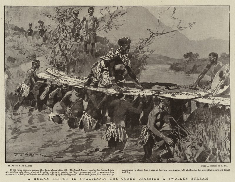 A Human Bridge in Swaziland, the Queen Crossing a Swollen Stream by Frederic de Haenen