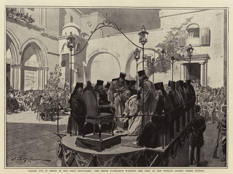 Easter Eve in front of the Holy Sepulchre, the Greek Patriarch washing the Feet of the Twelve Oldest Greek Priests by Frederic de Haenen