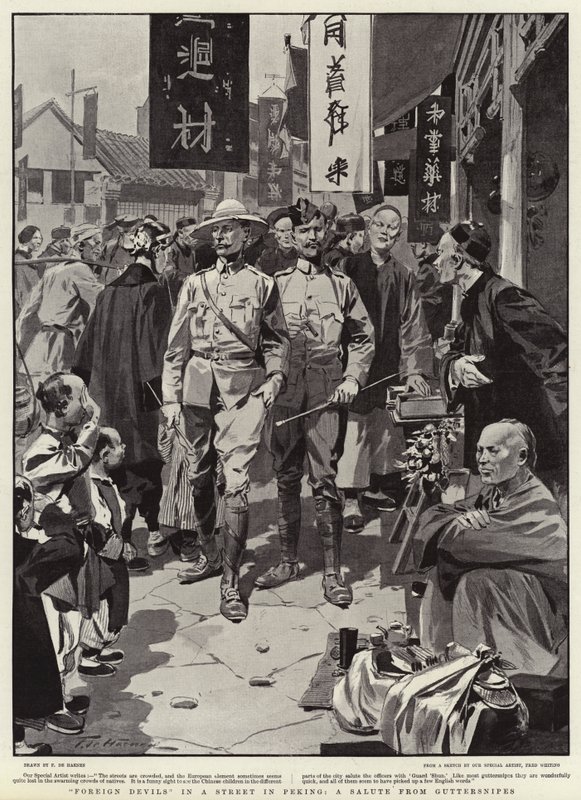 Foreign Devils in a Street in Peking, a Salute from Guttersnipes by Frederic de Haenen
