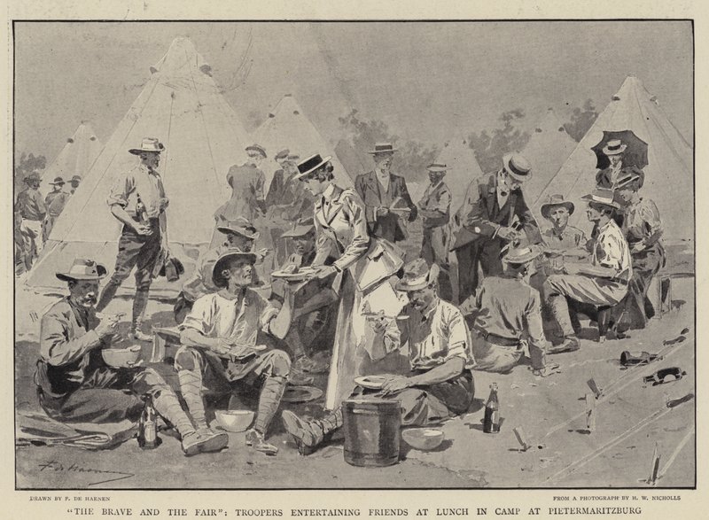 The Brave and the Fair, Troopers entertaining Friends at Lunch in Camp at Pietermaritzburg by Frederic de Haenen