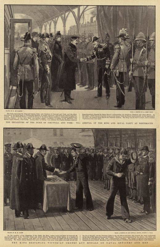 The Departure of the Duke of Cornwall and York, the Arrival of the King and Royal Party at Portsmouth, the King Bestowing Victorian Orders and Medals on Naval Officers and Men by Frederic de Haenen