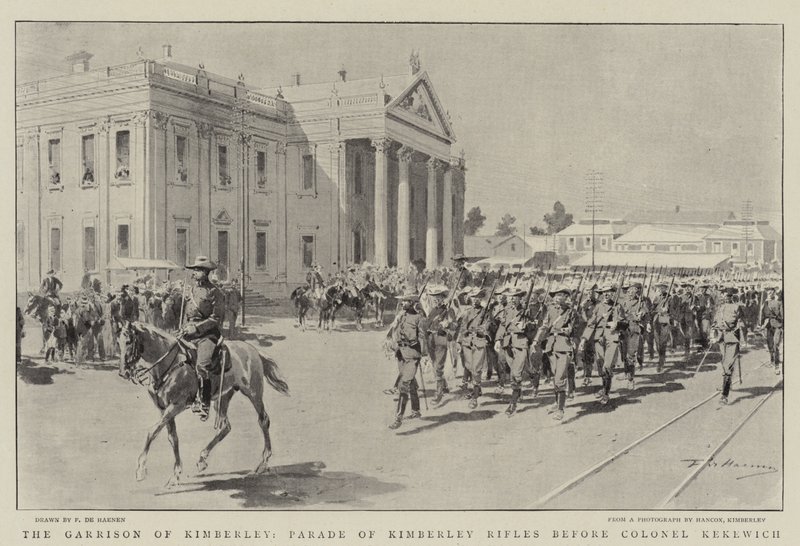 The Garrison of Kimberley, Parade of Kimberley Rifles before Colonel Kekewich by Frederic de Haenen