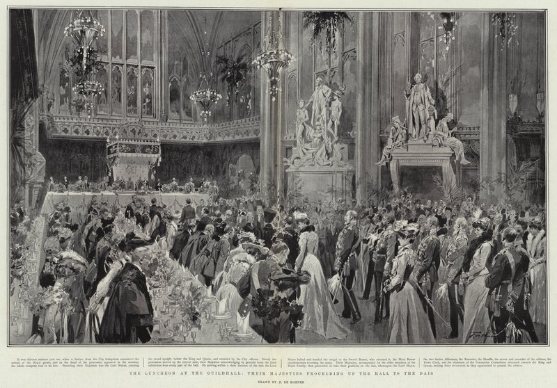 The Luncheon at the Guildhall, Their Majesties proceeding up the Hall to the Dais by Frederic de Haenen