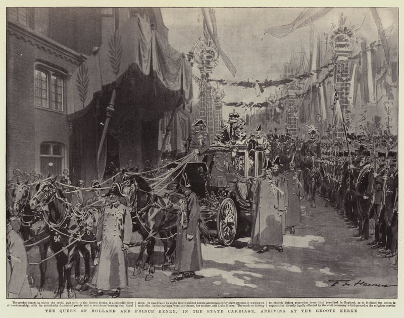 The Queen of Holland and Prince Henry, in the State Carriage, arriving at the Groote Kerke by Frederic de Haenen