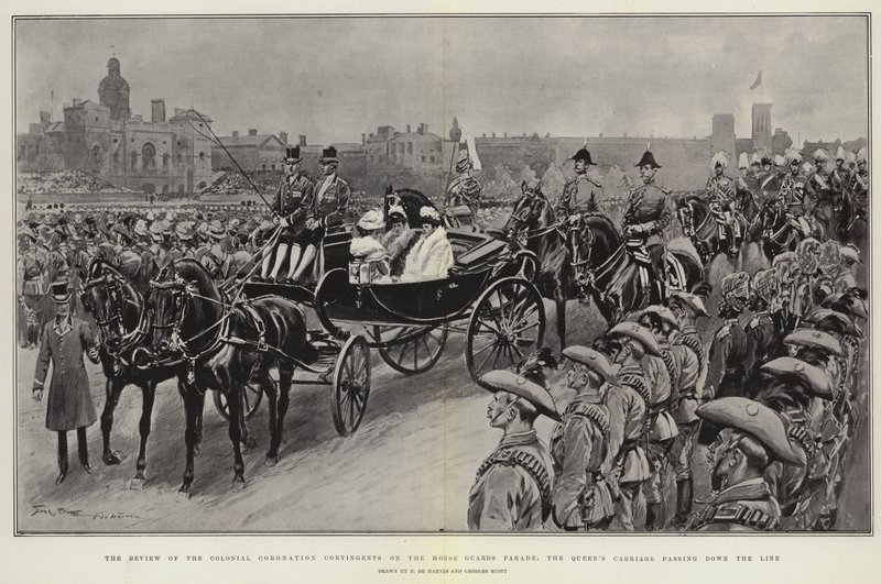 The Review of the Colonial Coronation Contingents on the Horse Guards Parade, the Queen