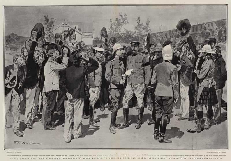 Three Cheers for Lord Kitchener, Surrendered Boers Anxious to join the National Scouts after being addressed by the Commander-in-Chief by Frederic de Haenen