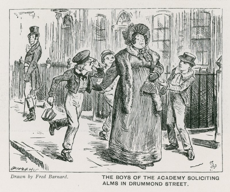 The boys of the Wellington House Academy soliciting alms in Drummond Street by Frederick (after) Barnard