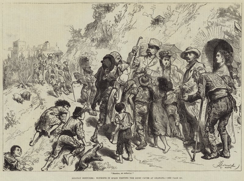Holiday Sketches, Tourists in Spain Visiting the Gipsy Caves at Granada by Frederick Barnard