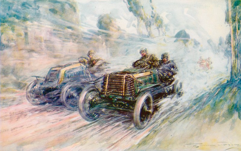 A British driver, Charles Jarrott, wins the 1902 Circuit des Ardennes with the famous "70" Panhard by Frederick Gordon (after) Crosby
