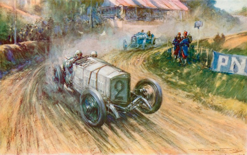Lautenschlager with the German Mercedes and Boillot with the French Peugeot in their great struggle during the 1914 Grand Prix by Frederick Gordon (after) Crosby