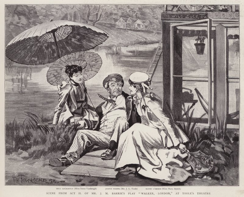English actors Irene Vanbrugh, John Lawrence Toole and Mary Ansell in a production of J M Barrie
