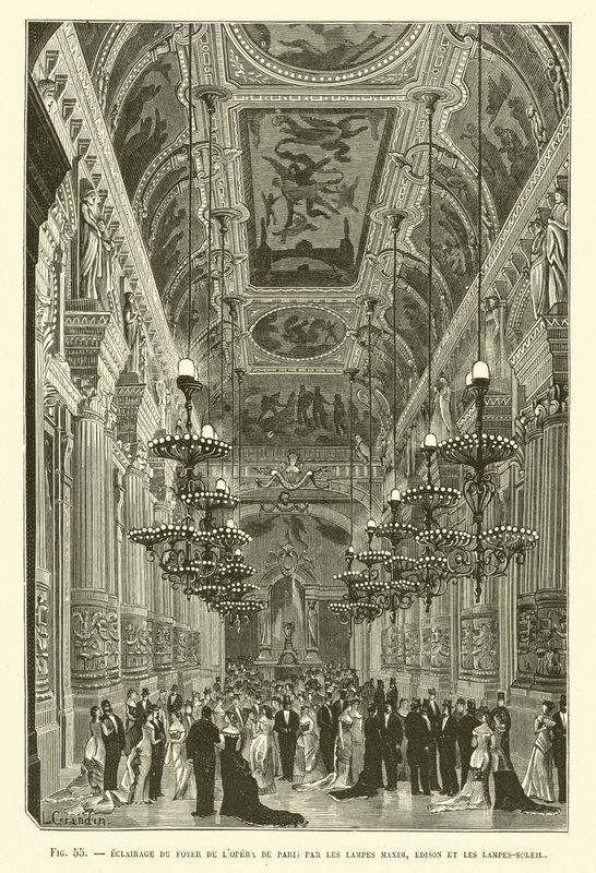 Lighting of the Paris Opera House Foyer by Maxim, Edison, and Sun Lamps by French School