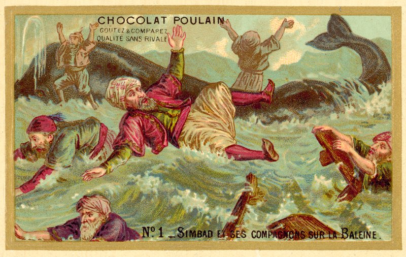 Sinbad and his companions on the whale by French School