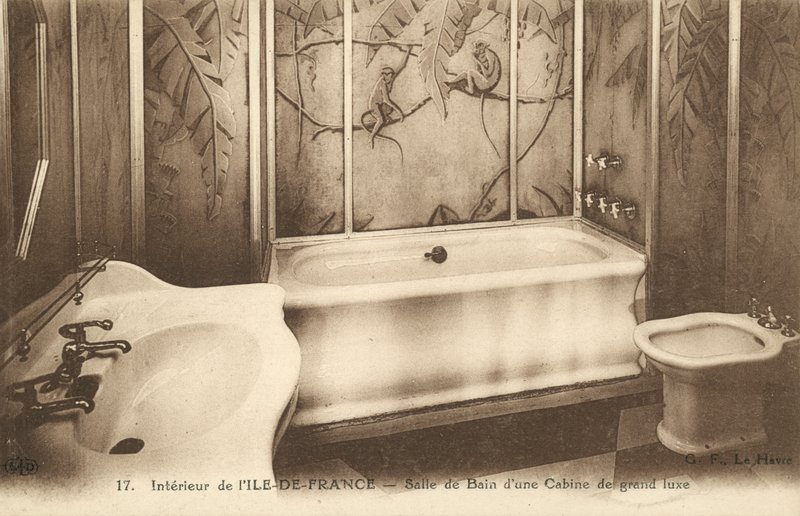 Bathroom of a luxury cabin on board the French ocean liner Ile de France by French Photographer