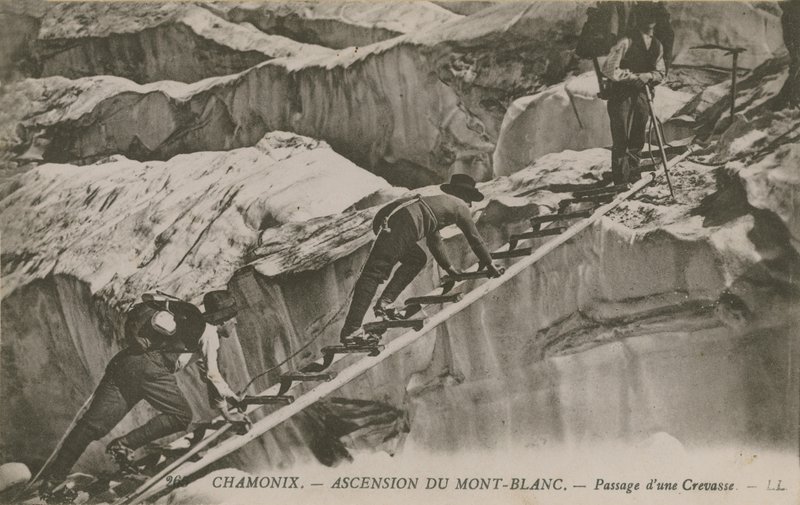 Chamonix - the ascent of Mont Blanc. Climbers passing a crevice. Postcard sent in 1913 by French Photographer