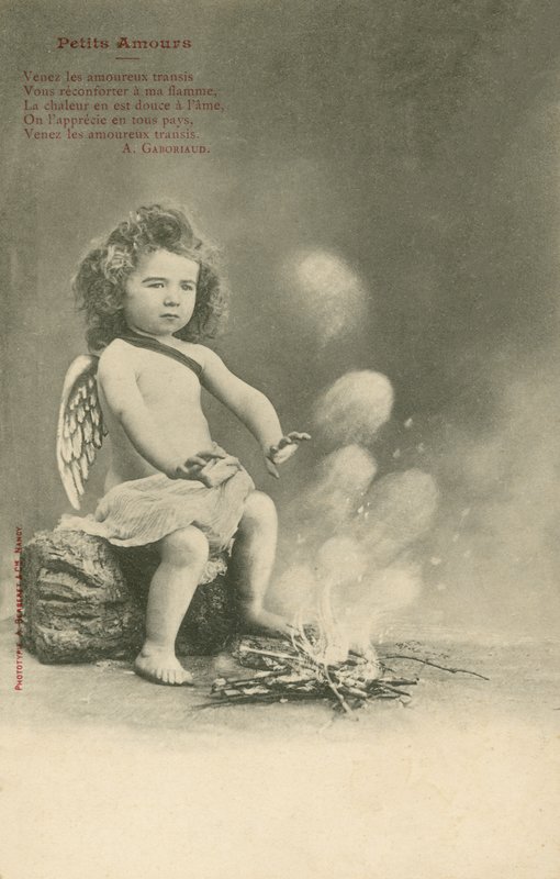 Cherub sitting by a fire by French Photographer