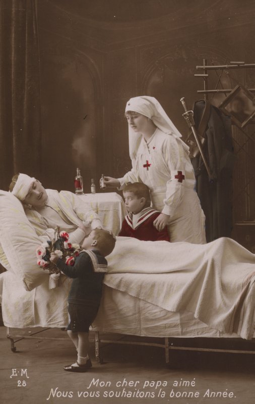 Children wishing a Happy New Year to their injured father, WW1 by French Photographer