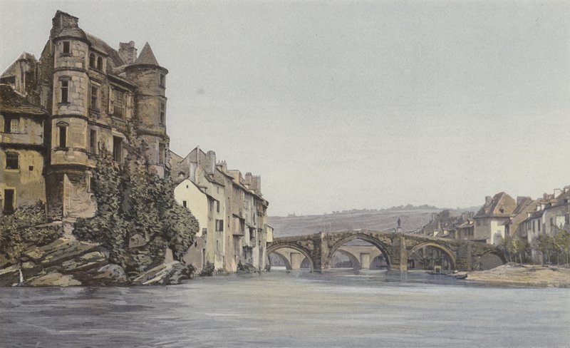 Espalion, Old Courthouse and Old Bridge over the Lot by French Photographer