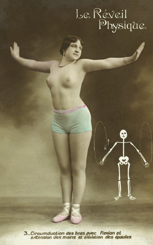Half naked woman performing exercises by French Photographer
