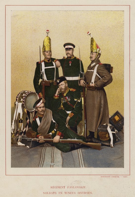 The Russian Army: Pavlovskiy Regiment, Soldiers in Various Uniforms by French Photographer
