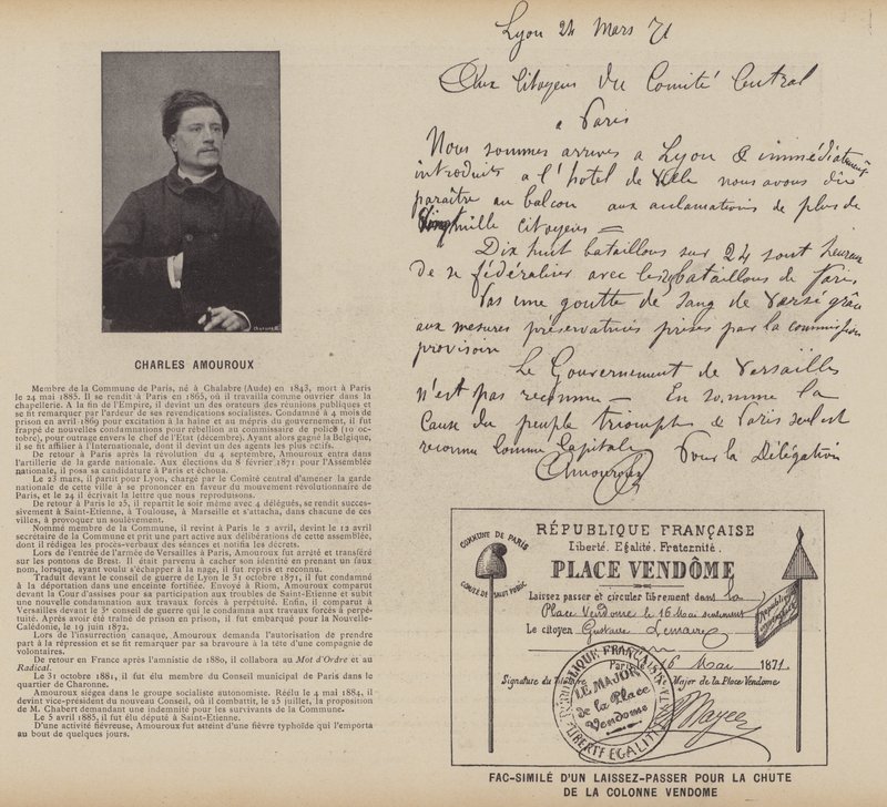 La Commune de Paris, Charles Amouroux, Facsimile of a Pass for the Fall of the Vendome Column by French Photographer