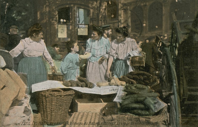 Market stall at Les Halles in Paris, France. Postcard sent in 1913 by French Photographer