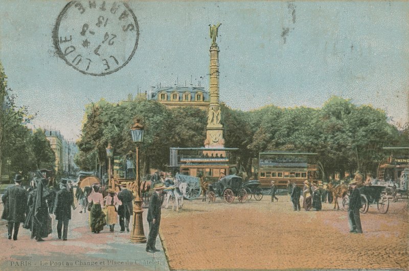 Paris - Pont au Change and Place du Chatelet. Postcard sent in 1913 by French Photographer