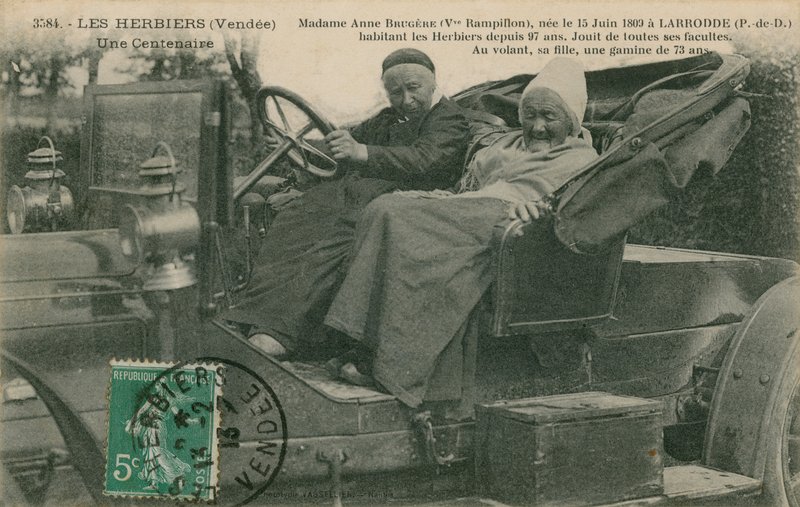 Madame Anne Brugere in a motor car with her daughter aged 73, Les Herbiers by French Photographer