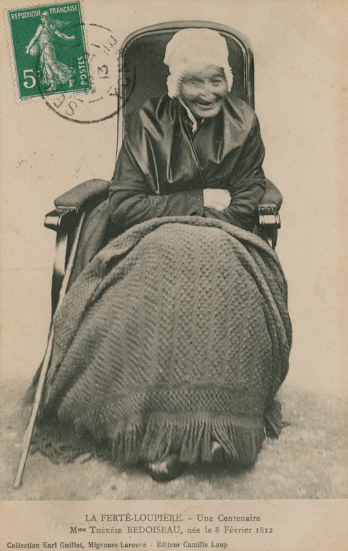 Postcard of a Centenarian, Madame Therese Bedoiseau, La Ferte-Loupiere, 1913 by French Photographer