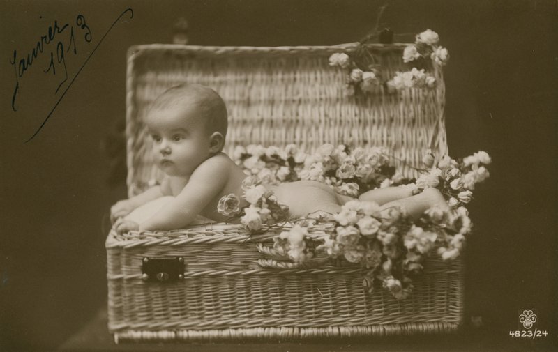 Baby in a Wicker Basket with Flowers by French Photographer