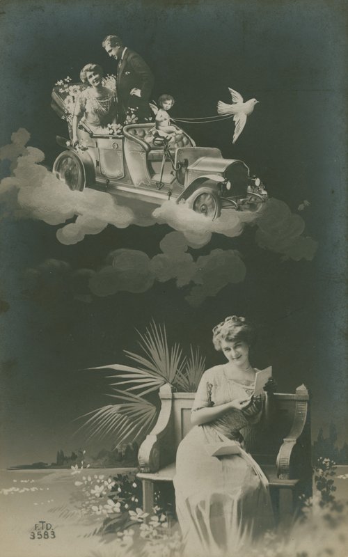 Young woman reading a letter and daydreaming about marriage by French Photographer