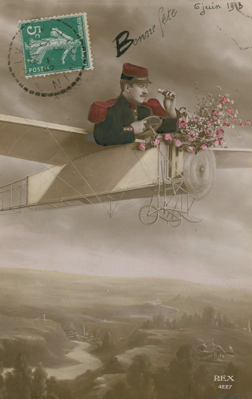 Postcard of an aviator delivering flowers, sent on 6th June 1913 by French Photographer