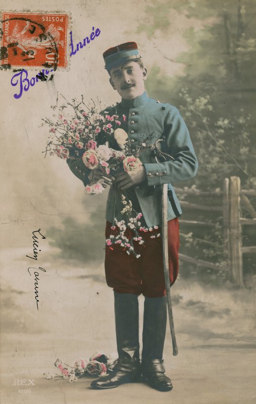 Soldier carrying a bunch of flowers, New Year