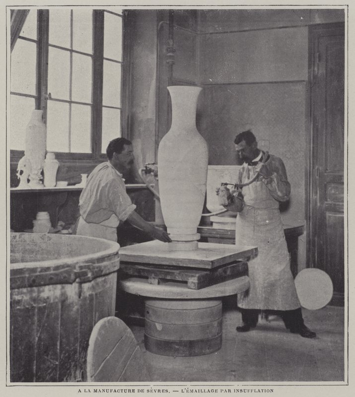 Spray Enamelling a Vase at the Sevres Porcelain Factory, France by French Photographer