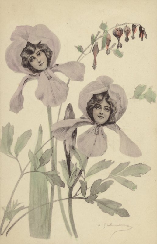 Two Iris Flowers Each Containing the Face of a Young Woman by French Photographer