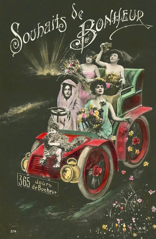 Women throwing flowers from a motor car by French Photographer