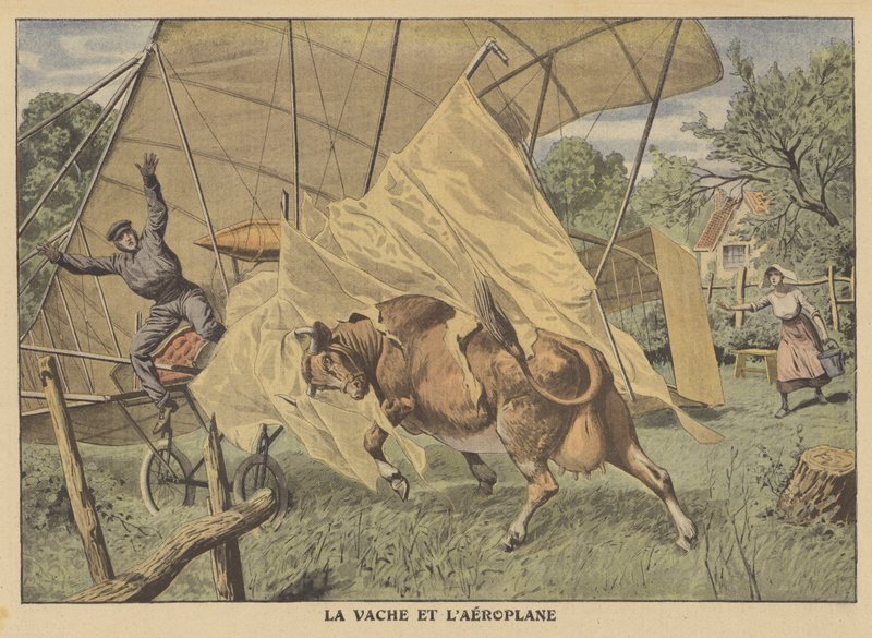 A cow attacking an aeroplane in the American Midwest by French School