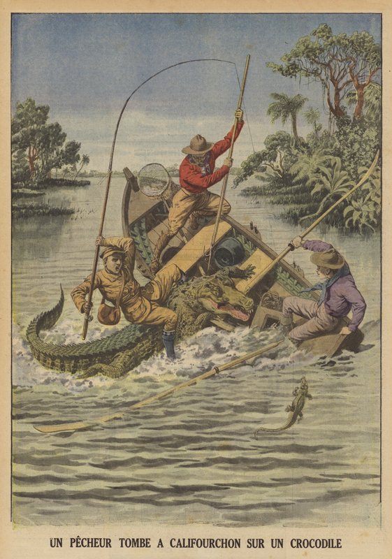 A Fisherman Falling Astride a Crocodile After It Capsized His Boat by French School